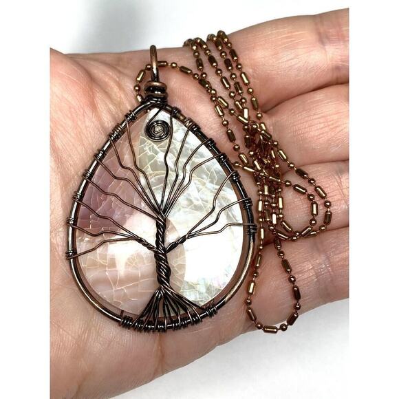Necklace Mother of Pearl Tree of Life Wire Work Cooper Rose Gold Tone Chain 23” - Picture 5 of 13